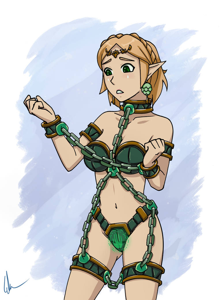 1girls blonde_hair bondage breasts chains chastity chastity_belt chastity_bra circlet collar crown_braid earrings green_eyes linked_collar linked_cuffs midriff navel nintendo princess_zelda short_hair small_breasts sozokureed tears_of_the_kingdom the_legend_of_zelda thigh_cuffs wrist_cuffs