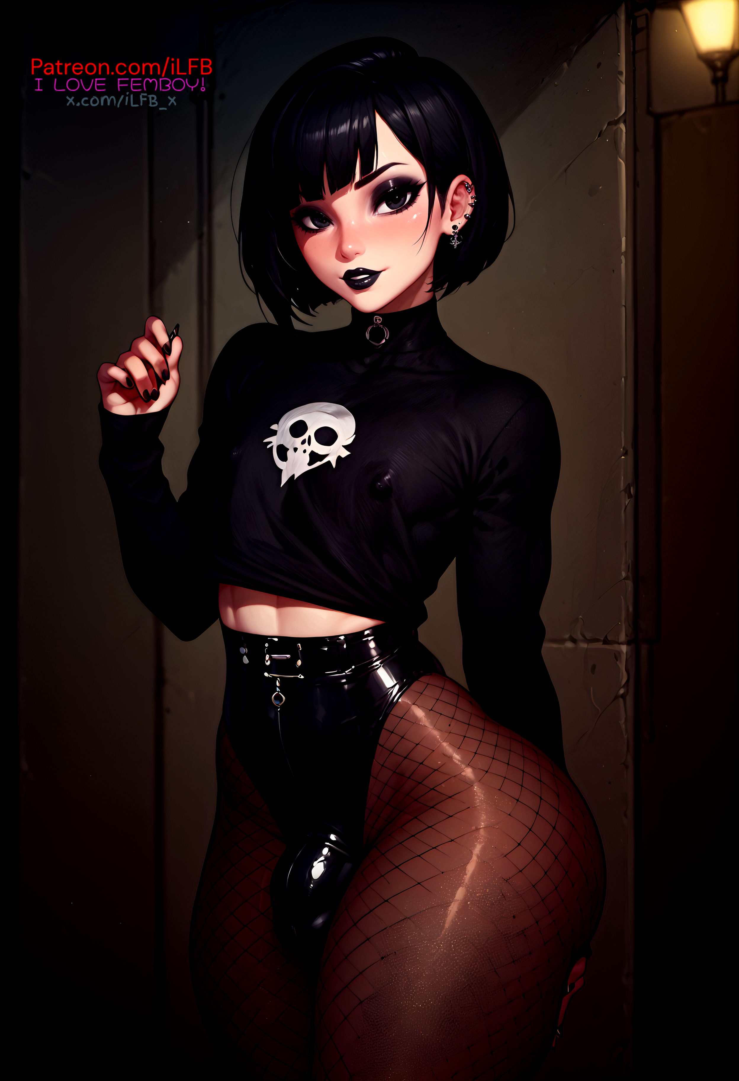 1boy, 2025, 2d, ai generated, black hair, black legwear, black lips, black lipstick, bulge, bulge through clothing, choker, collar, ear piercing, earrings, femboy, flat chest, goth, gothic, hi res, high resolution, highres, ilfb, looking at viewer, male, male only, medium hair, pantyhose, self upload, standing, trap, uncensored, yaoi