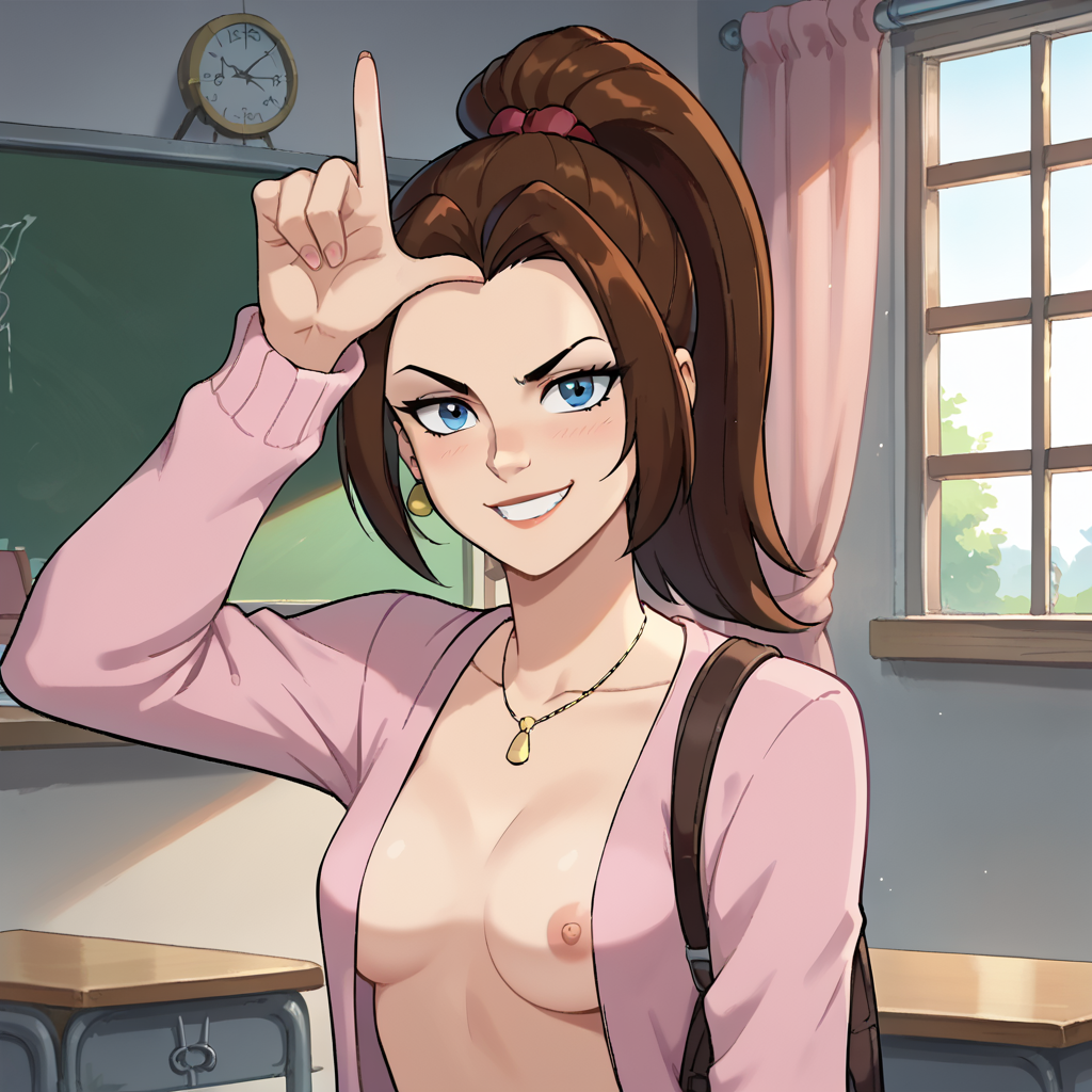 ai_generated brat bratty candy_boi_commission classroom femdom humiliation kitty_pryde loser_gesture loser_symbol ponytail school schoolgirl smirk smirking smug smug_expression smug_face smug_grin smug_smile teenage_girl teenager vinivini_art x-men_evolution