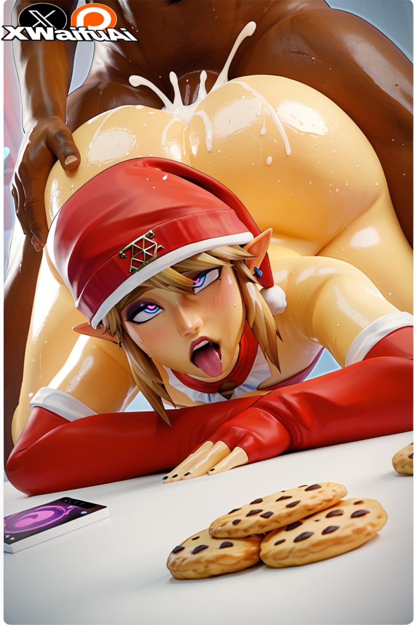 ai generated, ass, big ass, black hair, blonde hair, blue eyes, bubble ass, bubble butt, christmas, christmas outfit, christmas present, christmas tree, dark skin, dark-skinned male, domination, fireplace, gay, interracial, link, looking back, male, nintendo, on knees, pink anus, pointy ears, red thighhighs, santa hat, self upload, stable diffusion, teasing, the legend of zelda, viewed from behind, xwaifuai, yaoi