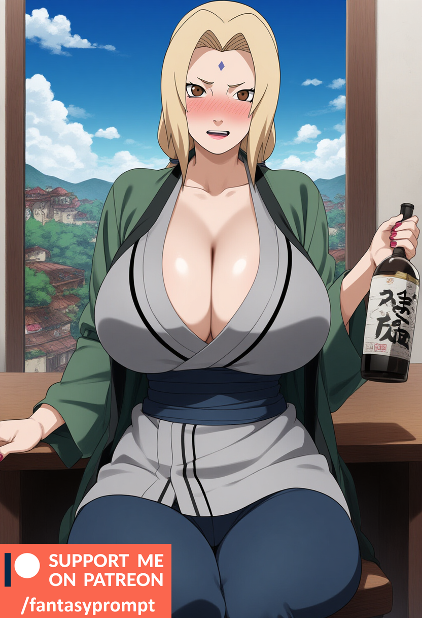 ai_generated alcohol blonde_hair blush bottle breasts_bigger_than_head brown_eyes drunk fantasyprompt female female female_only gigantic_breasts huge_breasts kimono lipstick long_hair narrow_waist naruto naruto_(series) office painted_nails sitting slim_waist thick_thighs tight_clothing tight_fit tsunade wide_hips