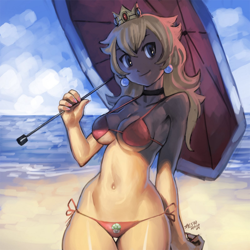 beach bikini blonde_hair mario_(series) nintendo parasol princess_peach saejin_oh