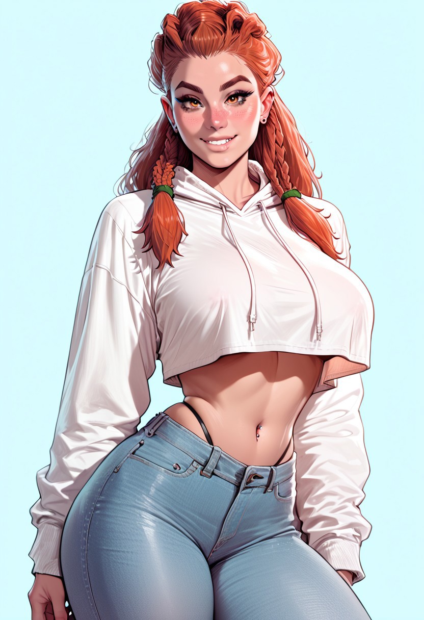 1girls ai_generated aloy big_breasts black_thong breasts civitai crop_top denim female freckles green_eyes highleg_thong hoodie horizon_zero_dawn light-skinned_female light_skin long_hair navel navel_piercing necklace orange_hair panviewai pinup red_hair thighs thong tribal underboobbaggy_clothing