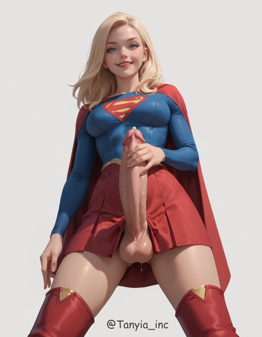 ai_assisted ai_generated balls blonde_hair blue_eyes dick dickgirl female futanari penis precum skirt smile smiling_at_viewer supergirl superman superman:_the_animated_series superman_(series) tanyia_inc veiny_penis