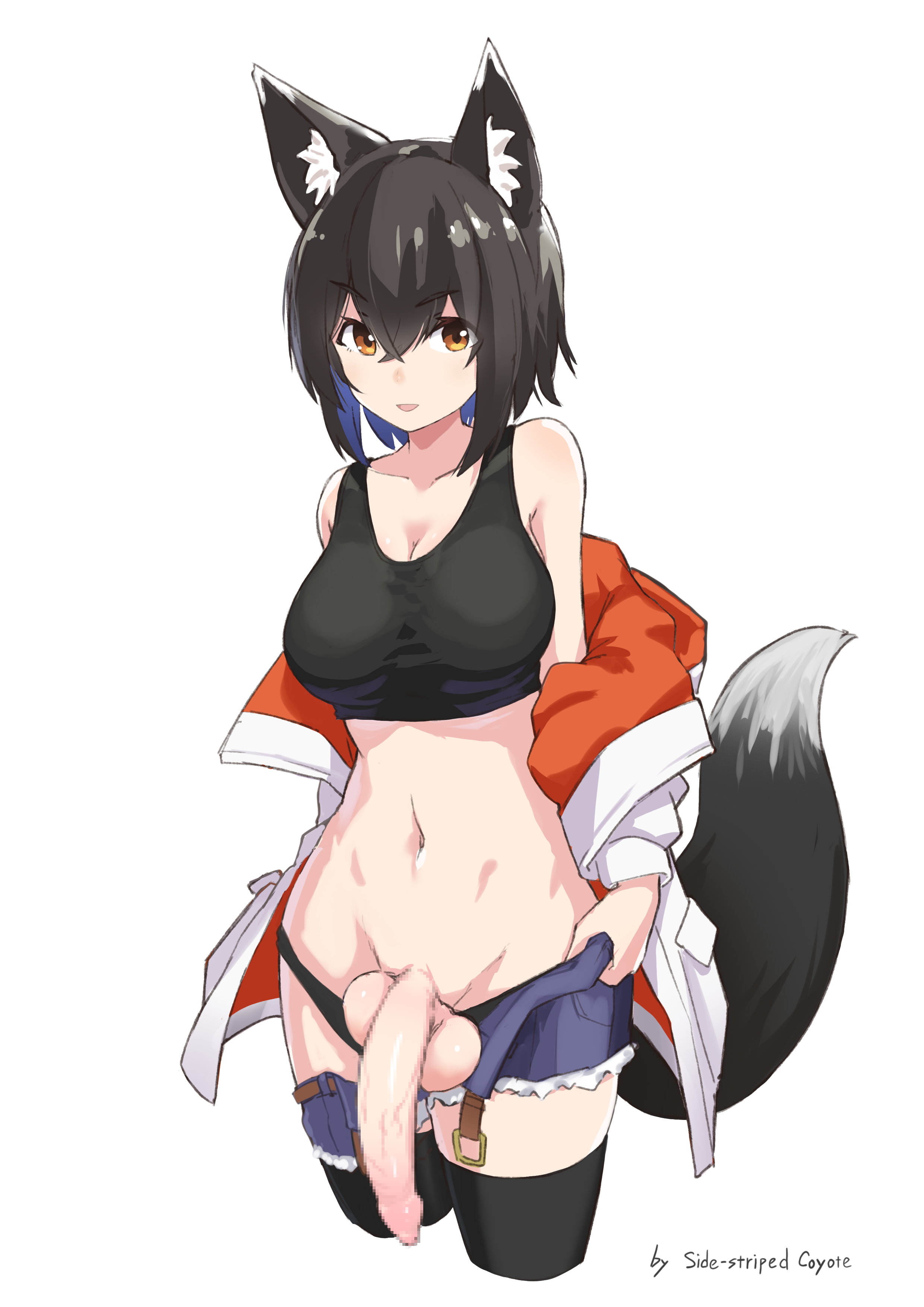 1futa, animal ears, artist request, clothed, clothing, female, futanari, humanoid, humanoid penis, intersex, kemonomimi, mosaic censoring, mosaic censorship, mostly clothed, oc, penis, shorts, sports bra, tail, wolf girl, yokosuji coyote