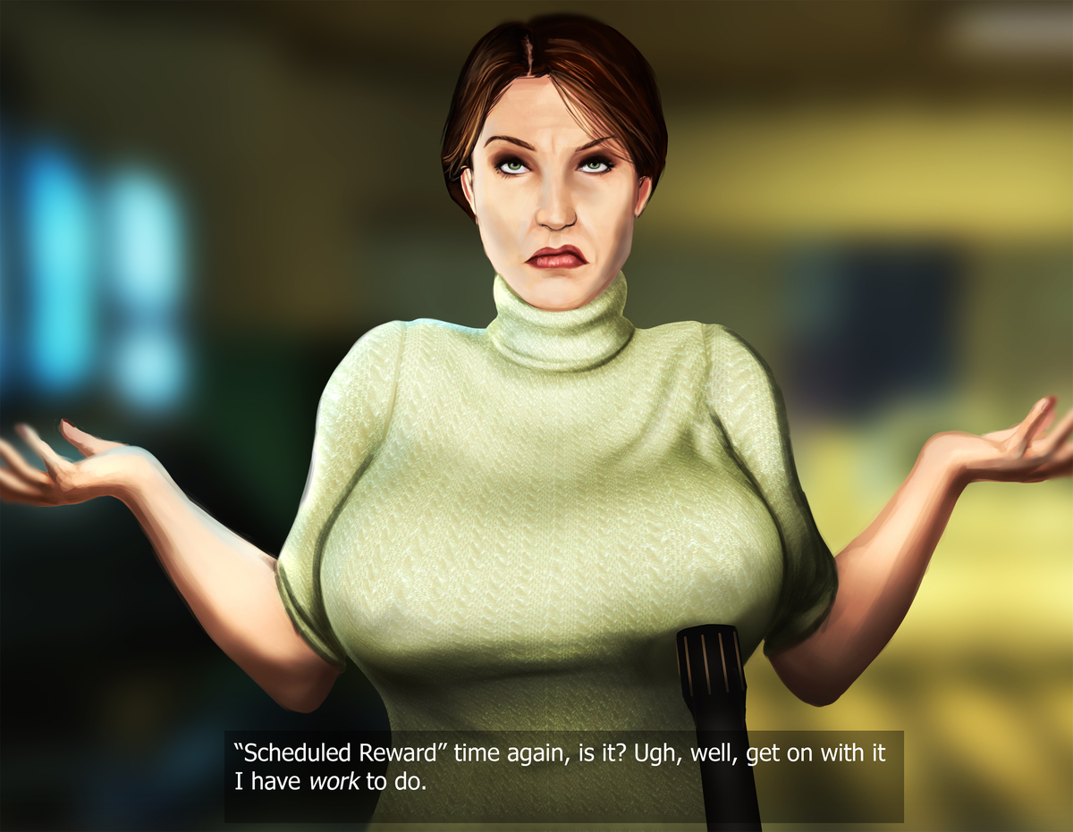 1girls, 2d, breasts, dialogue, english text, female, female focus, female only, first person view, half-life (series), half-life 2, jaguarart, judith mossman, male, male pov, pov, solo, solo female, stunstick, talking, text, unseen male face