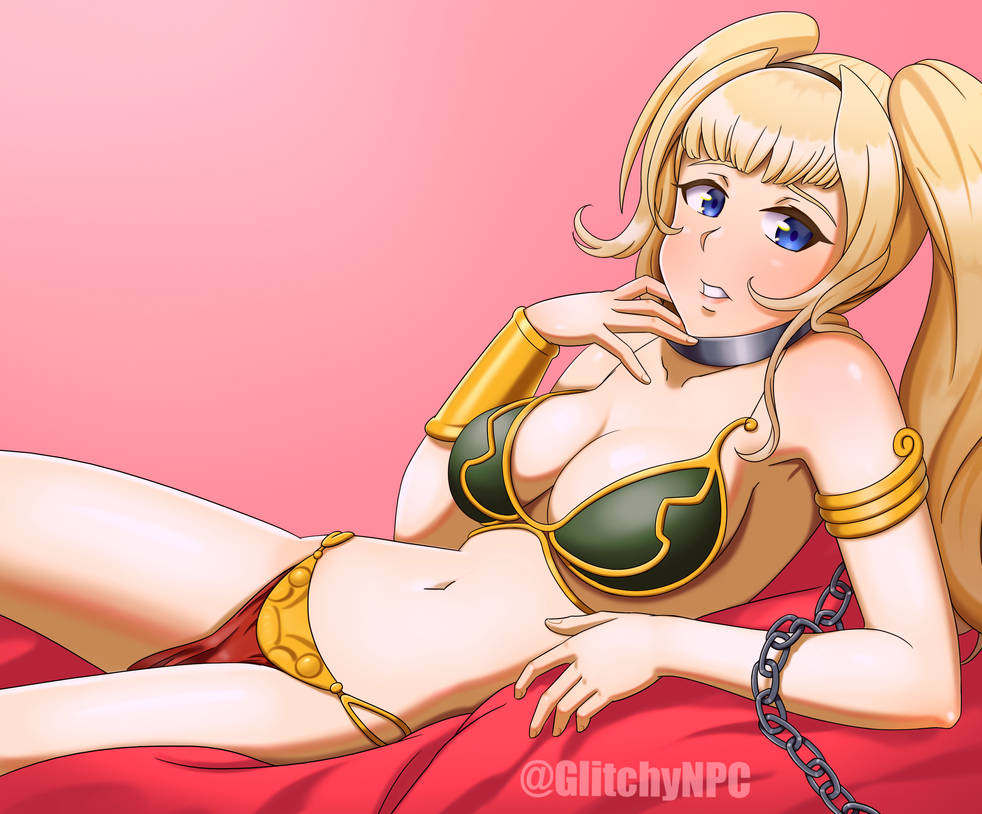 1girls blonde_hair blue_eyes breasts chain_leash collar cosplay glitchynpc granblue_fantasy large_breasts leash looking_at_viewer midriff navel princess_leia_organa princess_leia_organa_(cosplay) slave_bikini slave_leia slave_leia_(cosplay) star_wars twintails zeta_(granblue_fantasy)