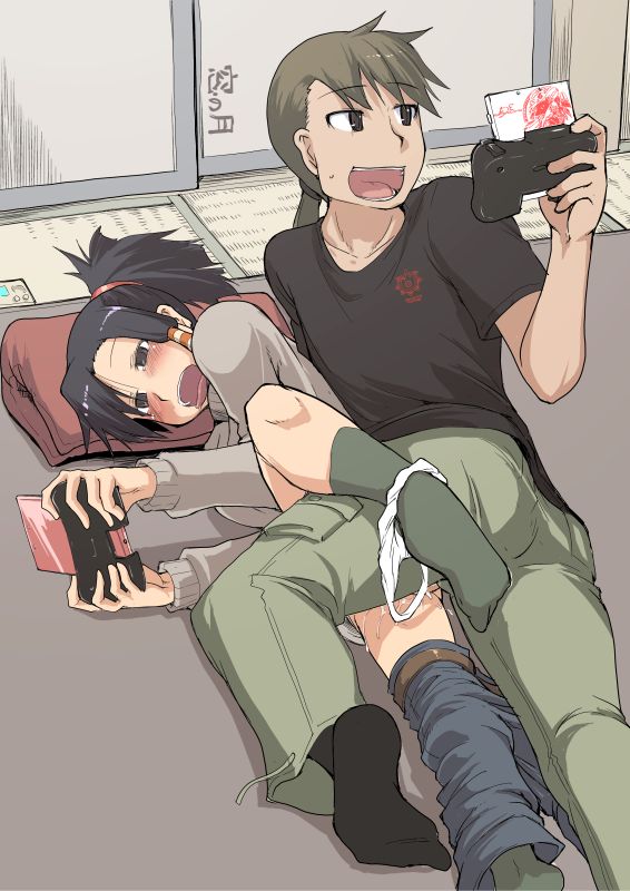 1boy 1boy1girl 1girls 2012 black_hair black_socks blush brachydios brown_hair capcom casual casual_sex cup female food fruit glasses green_tea jeans knee_socks kneehighs kneesocks kotatsu long_hair lying male mikan monster_hunter monster_hunter_3_g mug multitasking nintendo_3ds on_side open_mouth original panties panties_around_leg panties_around_one_leg pillow playing_games ryou sex siblings signature socks stealth_sex straight straight_sex table tatami text translated underwear