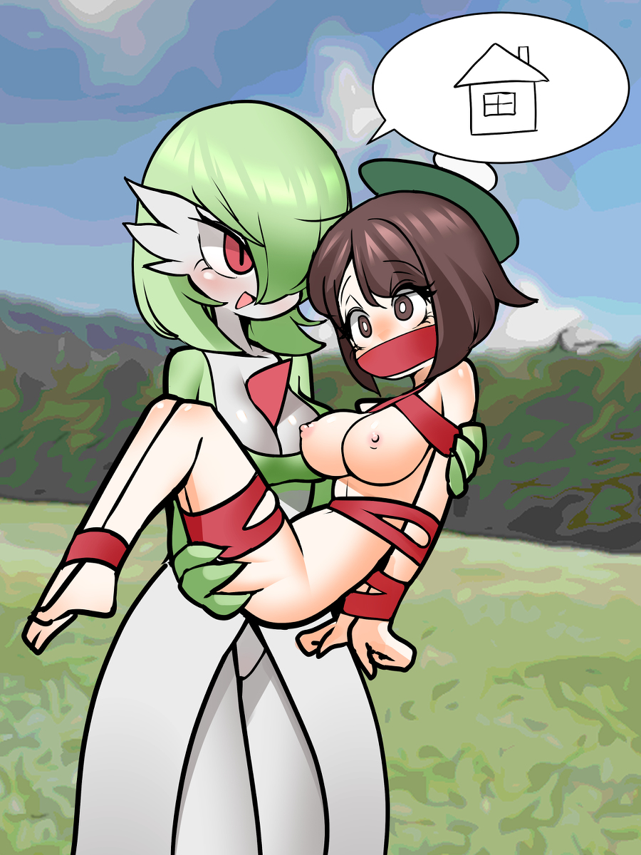 2d 2girls artist_request blush bondage carrying carrying_another claws cleavage clothed_female gardevoir generation_3_pokemon glistening_breasts gloria_(pokemon) green_hair hands_tied horny_female human legs_tied lesbian light-skinned_female light_skin nintendo not_furry nude nude_female pokemon pokemon_(species) pokemon_ss shiny_skin speech_bubble submissive_female white_body wide_eyed yuri