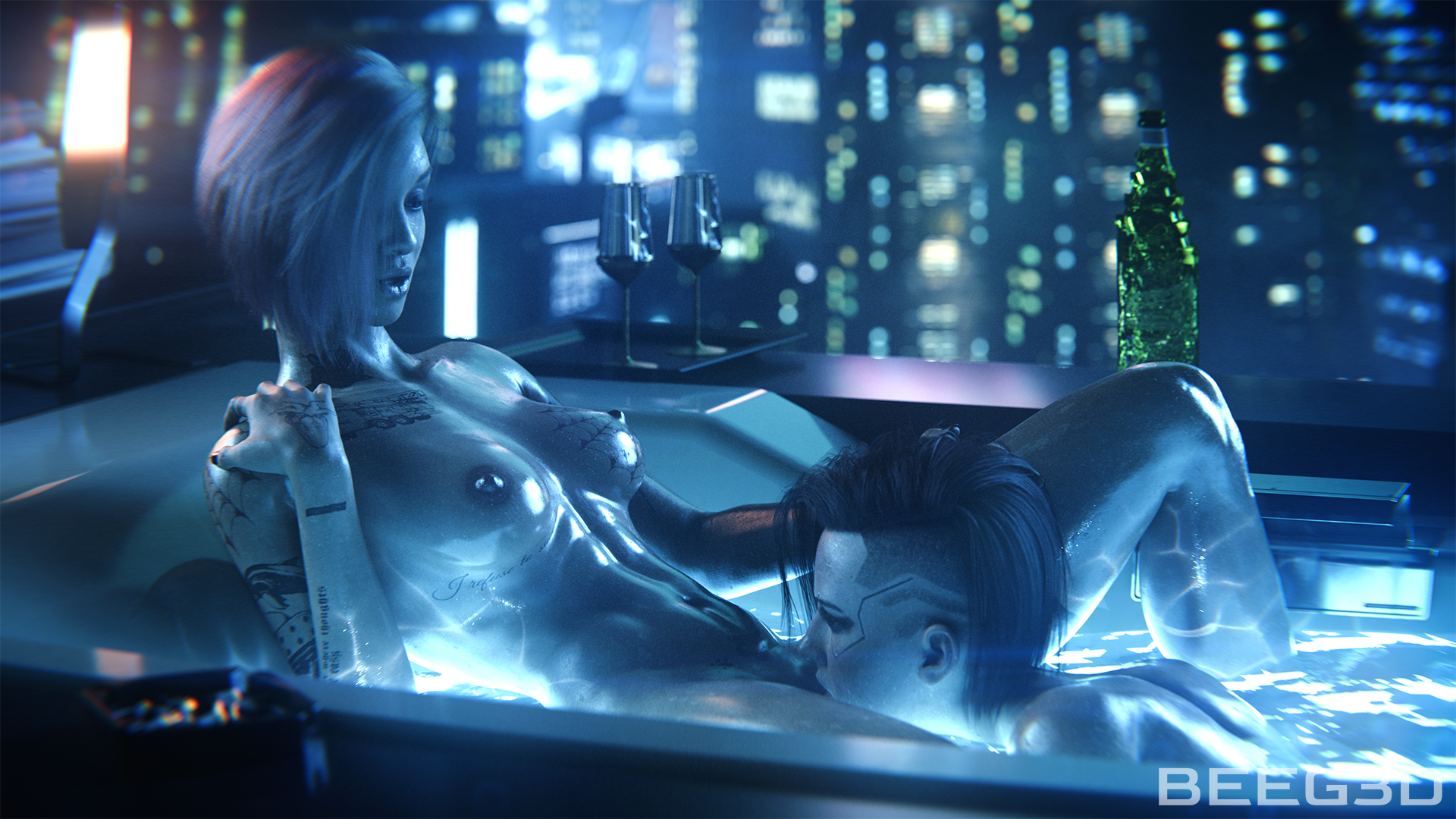 3d, bath, bathroom, beeg3d, breasts, cunnilingus, cyberpunk 2077, dark skin, female, green hair, human, judy alvarez, lesbian sex, light skin, light-skinned female, nipples, nude, nude female, oral, purple hair, tattoo, tattoos, v (cyberpunk 2077), valerie (cyberpunk 2077), wet, wet body, wet skin, yuri