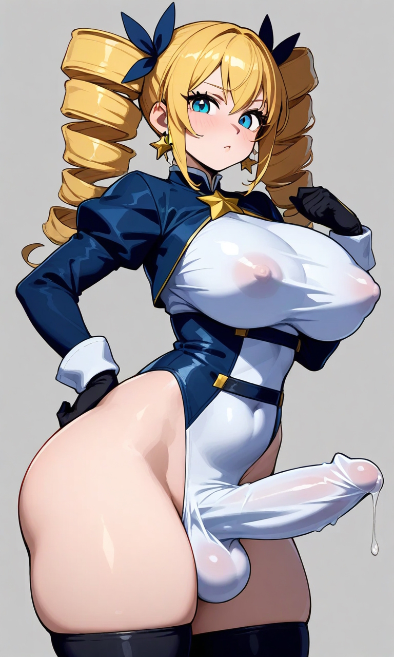 ai_generated big_breasts blonde_hair bulge claire_harvey futanari hundred leotard looking_at_viewer precum precum_drip wide_hips