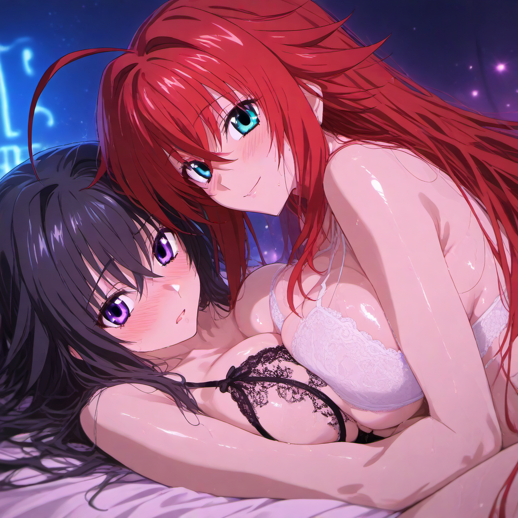 2girls ahoge ai_generated akeno_himejima bed big_breasts black_hair blush breasts_pressed_against_another couple crimson_hair female_only high_school_dxd indoors lesbian light_skin rias_gremory sky_blue_eyes very_long_hair violet_eyes voluptuous yuri