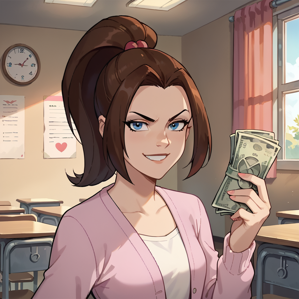 ai_generated brat bratty candy_boi_commission classroom femdom financial_domination findom humiliation kitty_pryde manipulation money ponytail school schoolgirl smirk smirking smug smug_expression smug_face smug_grin smug_smile teenage_girl teenager vinivini_art x-men_evolution