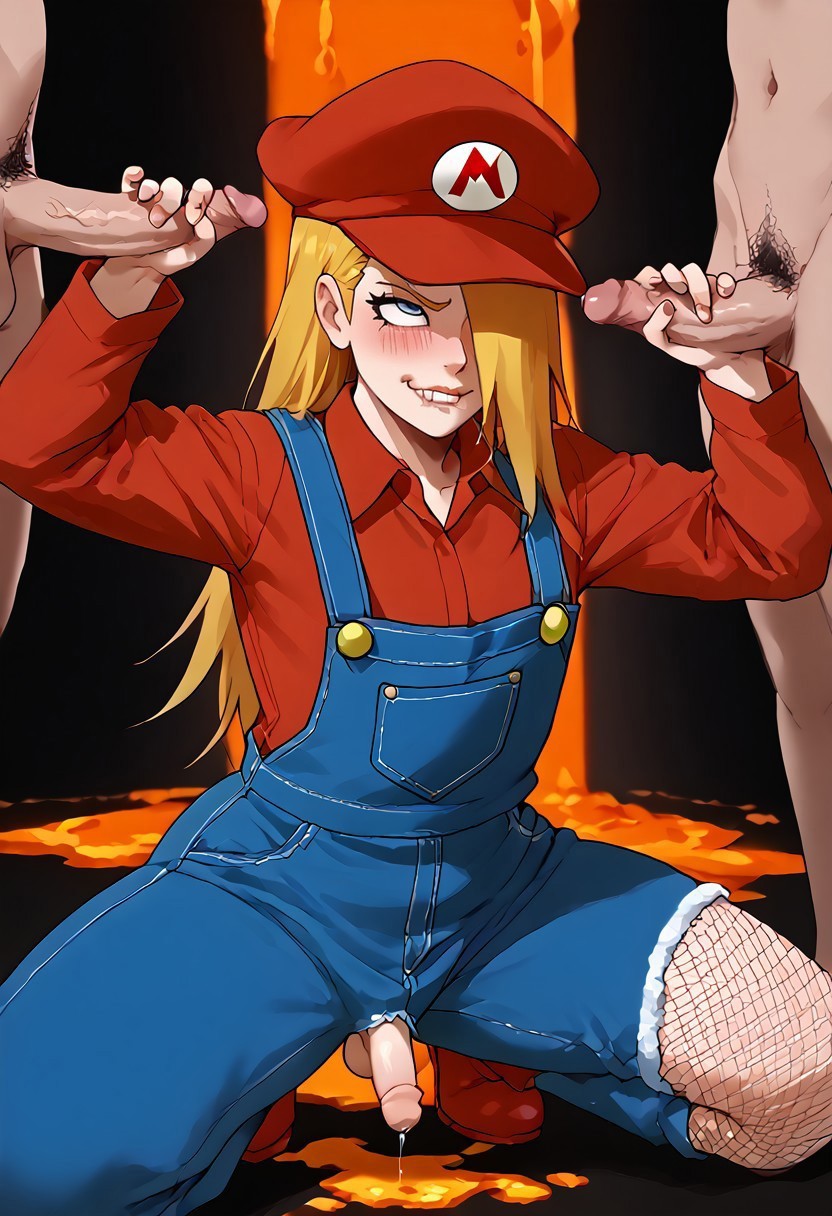 ai_generated blonde_hair blowjob blue_eyes blush deidara eyes_rolling_back femboy jeans lava naruto naruto_(series) rolling_eyes squatting super_mario_bros. thick_thighs