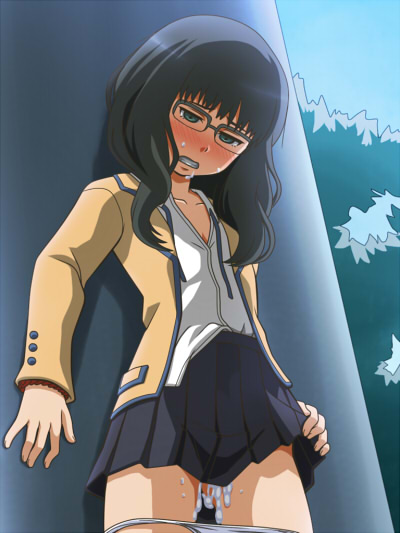 1girls after_sex against_wall awa black_hair black_rock_shooter blush clenched_teeth cum cum_in_pussy cum_inside cum_on_body cum_on_lower_body cumdrip facial female flat_chest glasses green_eyes half-closed_eyes long_hair looking_down panties panty_pull pleated_skirt school_uniform skirt skirt_lift solo takanashi_yomi underwear white_panties young