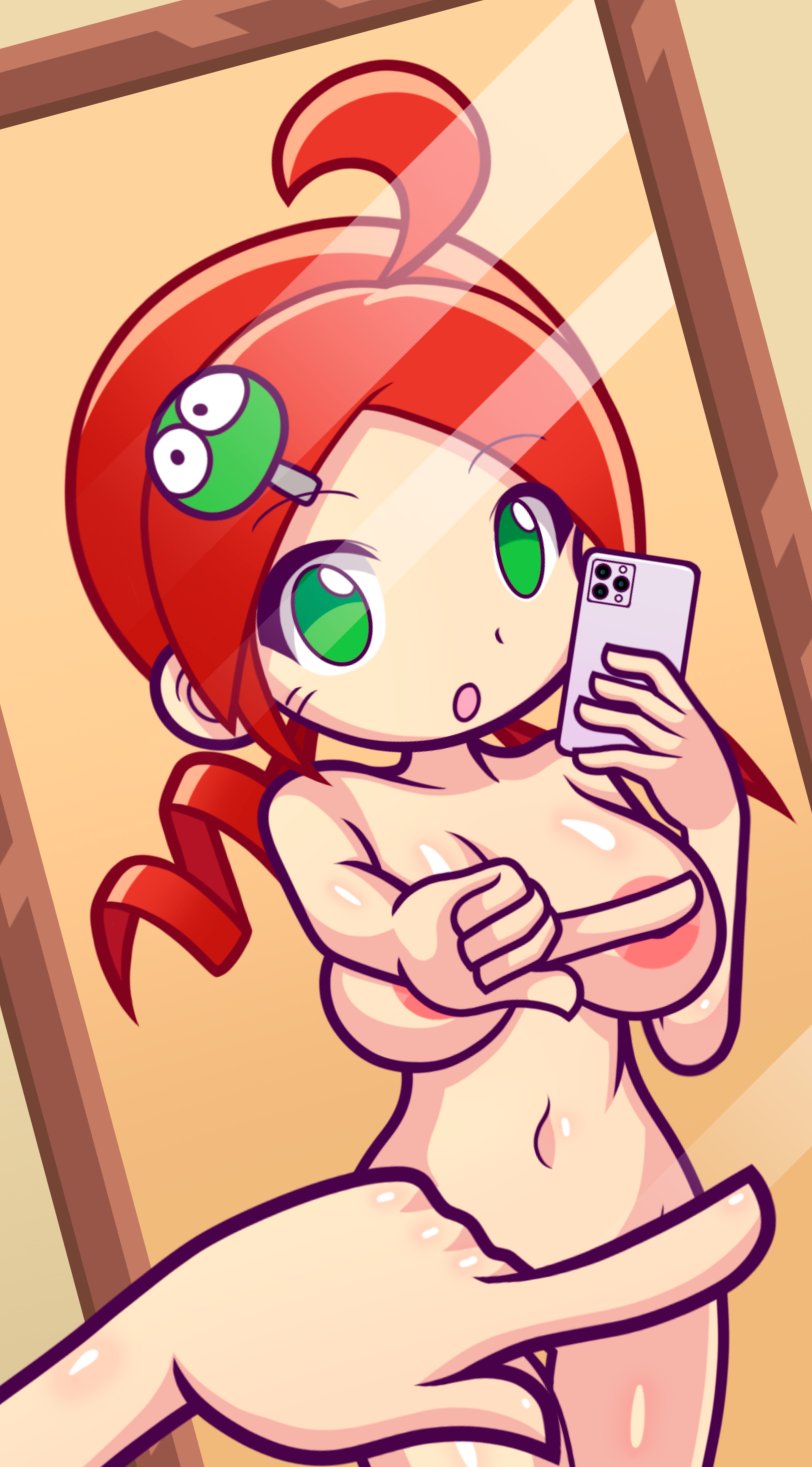 andou_ringo censored_nipples censoring_self furii_(artist) mirror phone puyo_puyo red_hair self_censor