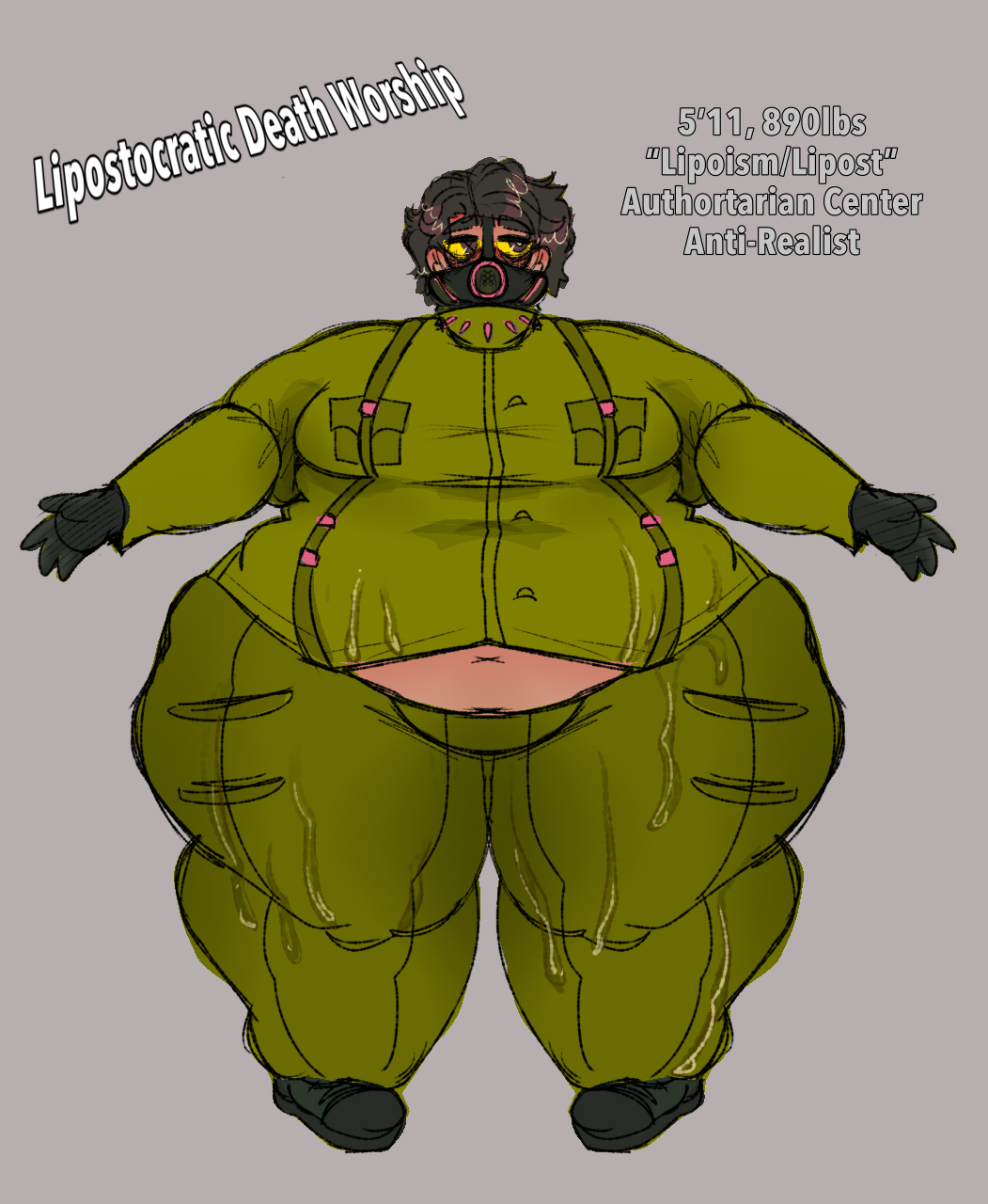 gas_mask health_play ideology lipostie_(iiiingsoc) military_uniform morbidly_obese_male original_character realicide reference_image reference_sheet respirator sketch spiked_collar symmetry