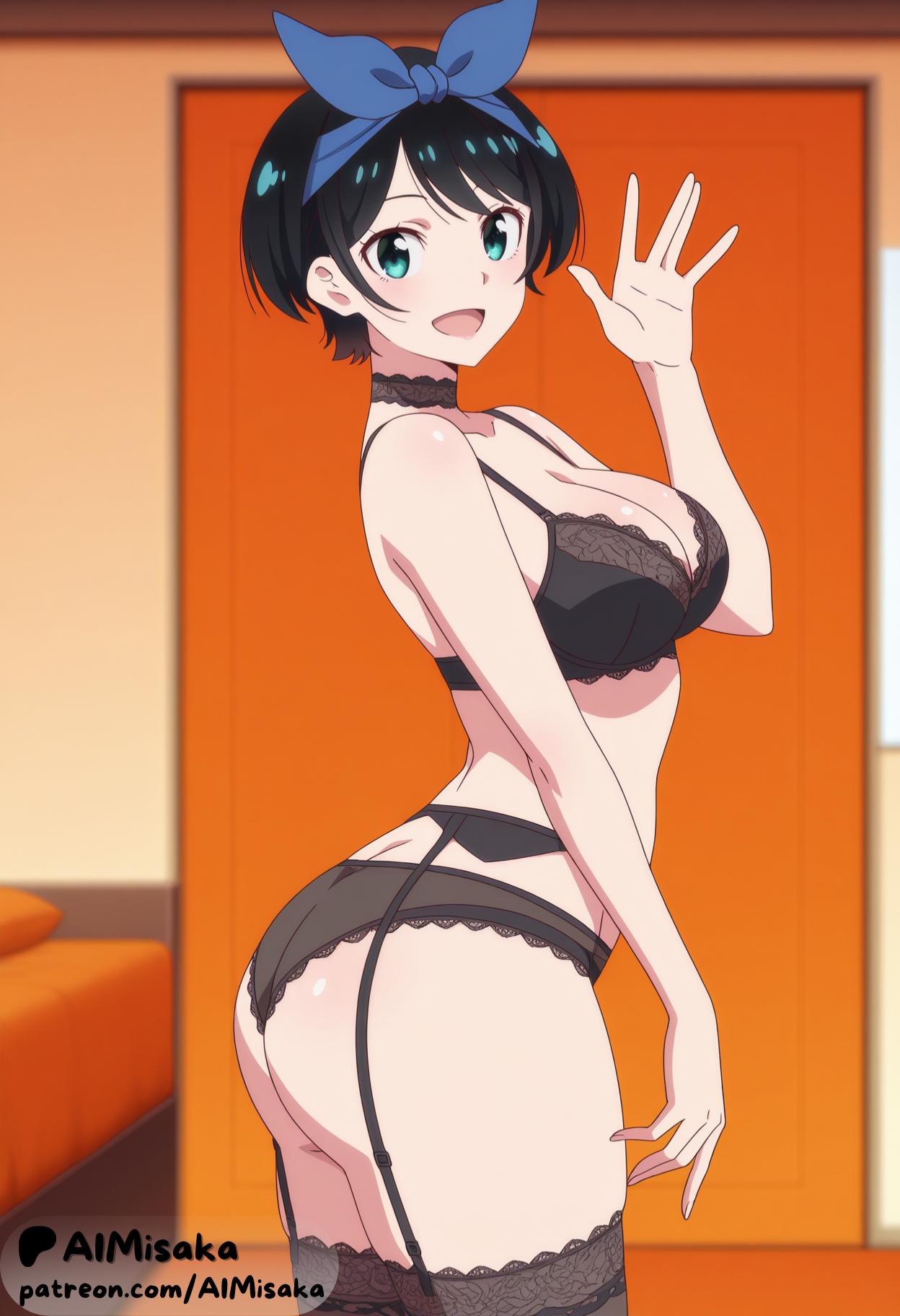 :d, 1girls, ai generated, aimisaka, aqua eyes, artist name, ass, black bra, black choker, black garter belt, black hair, black panties, black thighhighs, blue eyes, blue hairband, blurry, blurry background, bra, breasts, choker, cleavage, cowboy shot, from side, garter belt, hair ribbon, hairband, hand up, indoors, kanojo okarishimasu, lace trim, large breasts, lingerie, looking at viewer, open mouth, panties, patreon username, ribbon, sarashina ruka, short hair, smile, solo, standing, thighhighs, thighs, underwear, underwear only, waving, web address