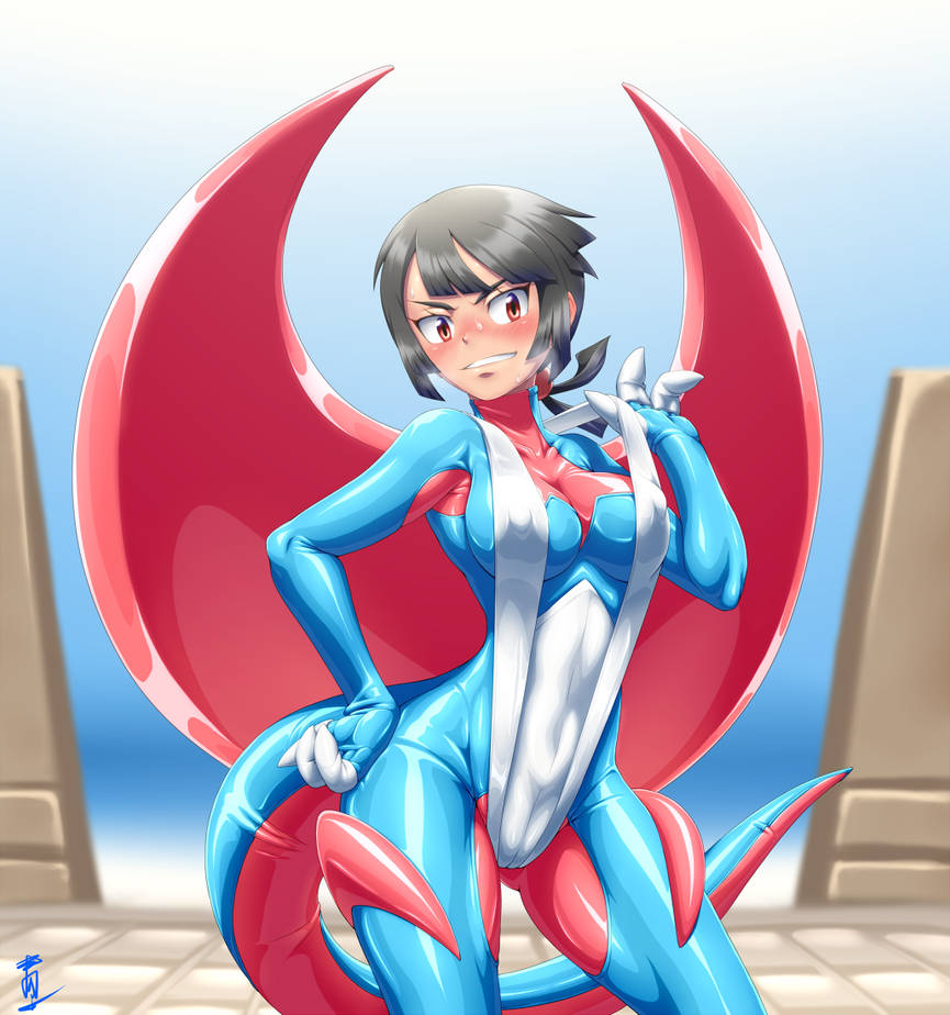 1girls black_hair bodysuit breasts cosplay fake_tail fake_wings large_breasts latex_bodysuit looking_at_viewer mega_salamence nintendo pokemon pokemon_oras red_eyes salamence short_hair sinrin8210 tail wings zinnia_(pokemon)