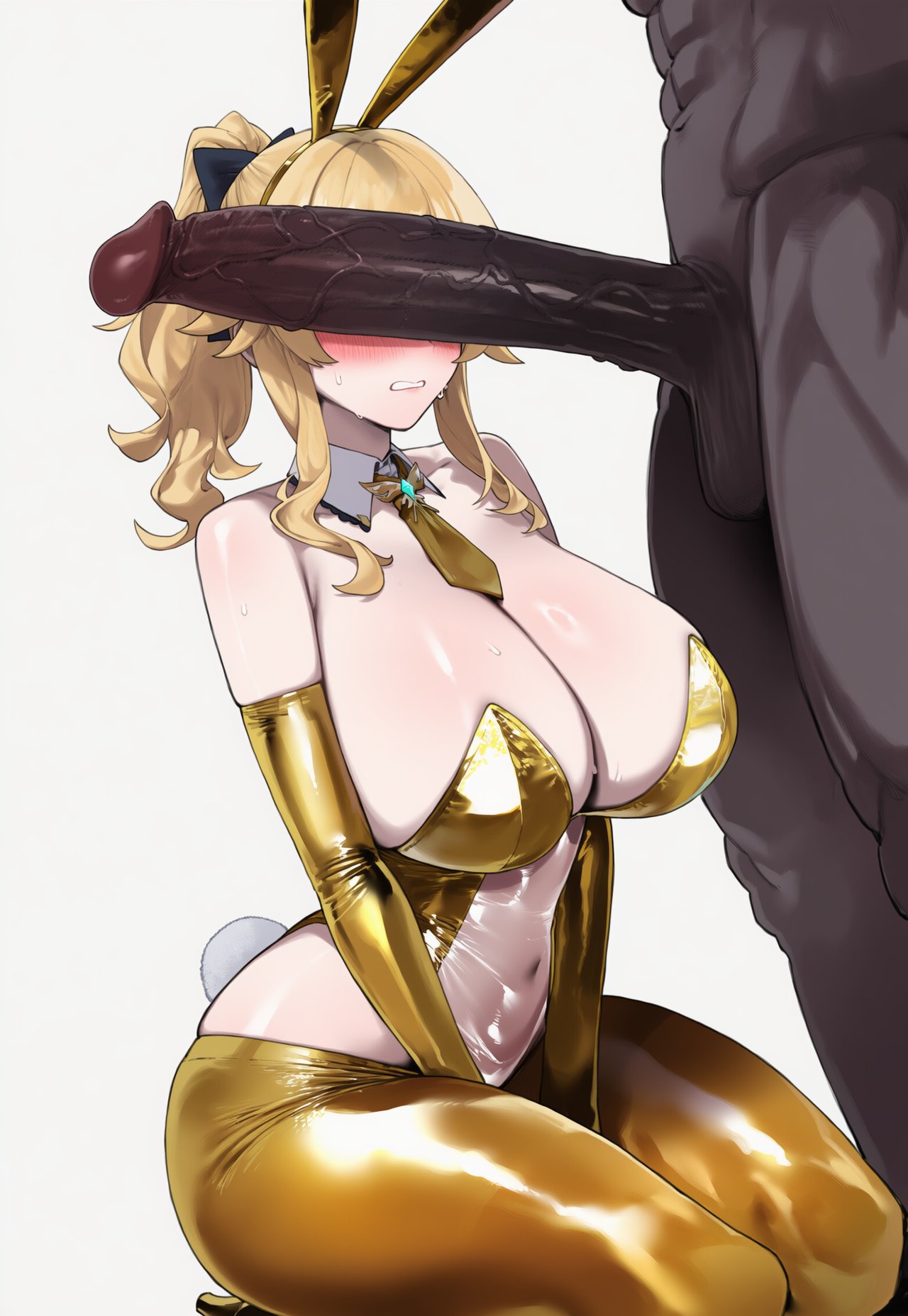 1boy, 1girls, ai generated, breasts, bunny ears, bunnysuit, cant see the haters, dark skin, dark-skinned male, female, female focus, genshin impact, high heels, interracial, jean gunnhildr, large breasts, light skin, light-skinned female, male, penis, penis awe, thick thighs, thighhighs, thighs, truck kun, truck-kun art, wide hips
