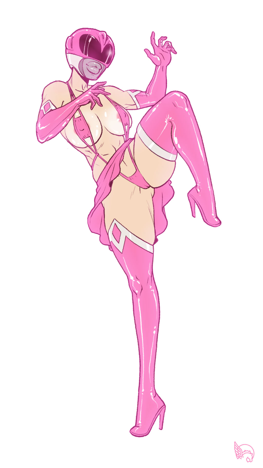 1girls, alternate version available, areola slip, big breasts, bimbo, bimboctober, bimbofied, breasts, female, female focus, female only, fighting stance, helmet, helmet lips, hoop earrings, kimberly hart, light skin, light-skinned female, mighty morphin power rangers, modified costume, pegasus (artist), pink ranger, pinup, power rangers, skimpy, skimpy outfit, solo, solo female, solo focus, thick lips, thong bikini