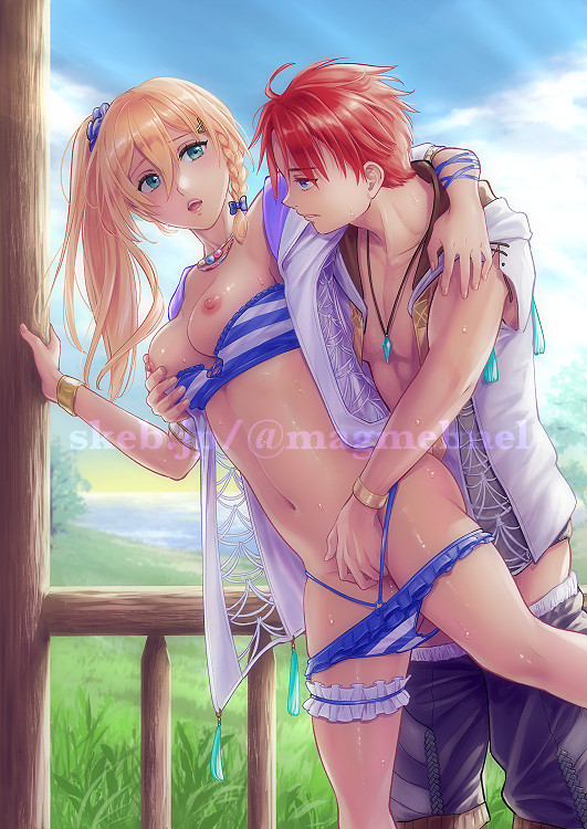 1boy abs adol_christin ahoge bikini blonde_hair blue_eyes bow braid commission double-parted_bangs female fingering grass green_eyes hair_between_eyes hairbow holding_breath jacket jewelry karja_balta kinoeneko long_hair outdoors pendant red_hair side_braid side_ponytail single_braid skeb_commission striped_bikini striped_clothes swimsuit watermark ys ys_x_nordics