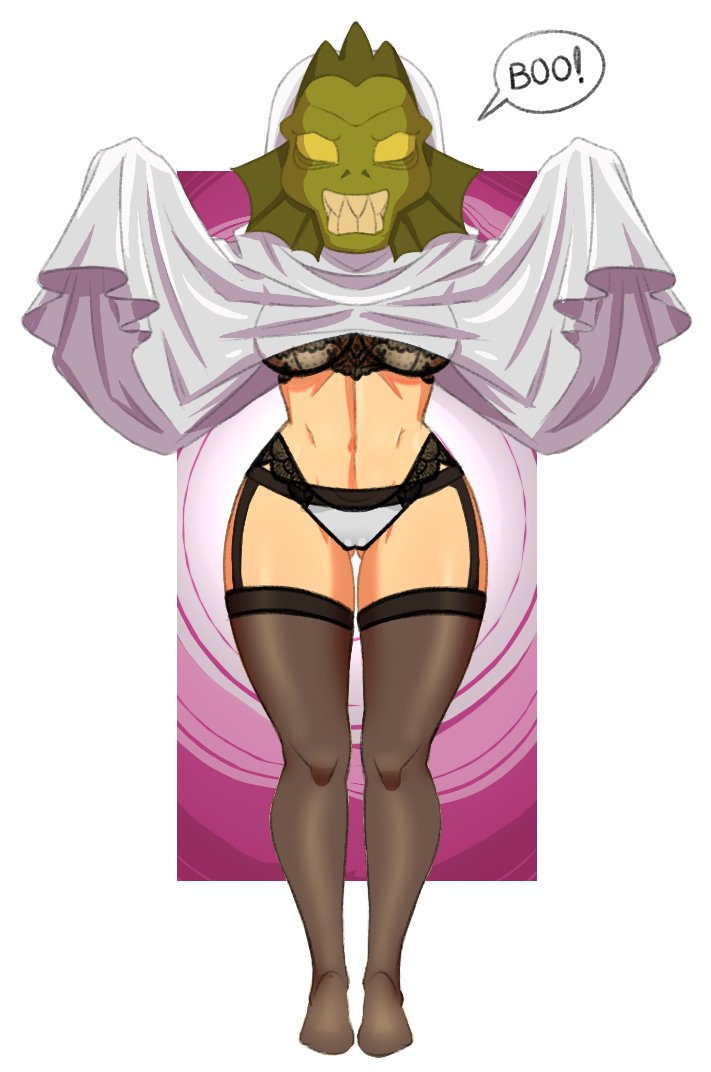 1girls donchibi emma_(lou!) female_solo halloween_costume legwear lingerie lou! masked masked_female text_bubble