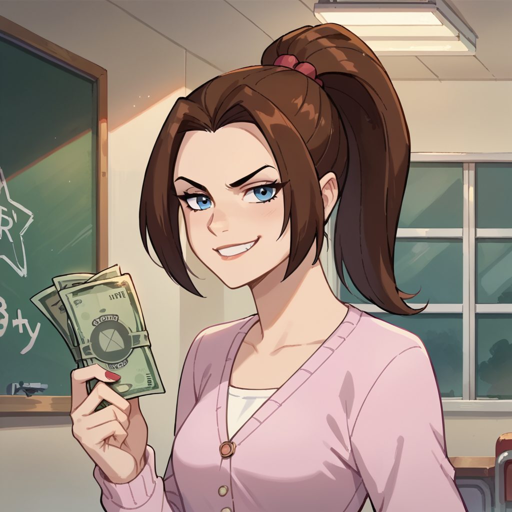 ai_generated brat bratty candy_boi_commission classroom femdom financial_domination findom humiliation kitty_pryde manipulation money ponytail school schoolgirl smirk smirking smug smug_expression smug_face smug_grin smug_smile teenage_girl teenager vinivini_art x-men_evolution