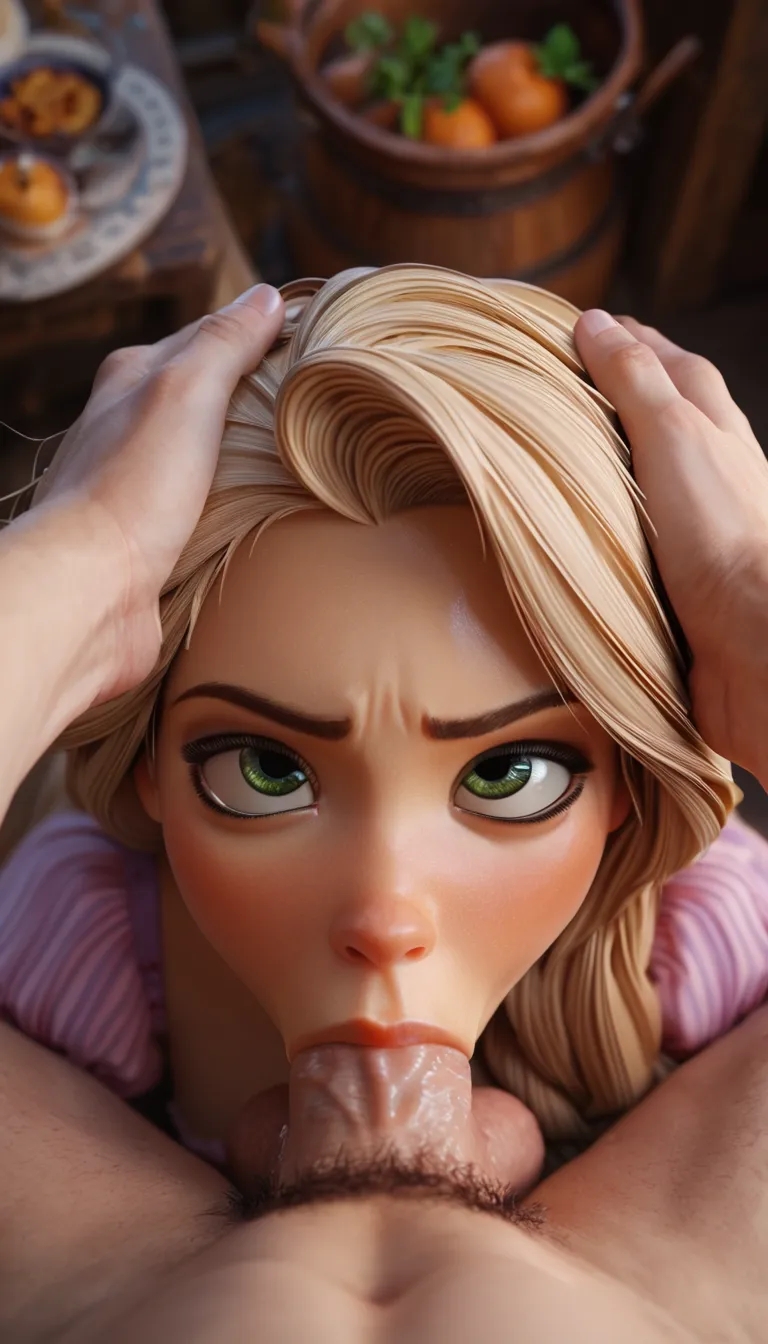 1boy 1girls ai_generated blonde_hair blowjob deepthroat fellatio green_eyes pov rapunzel rapunzel_(tangled) submissive tangled