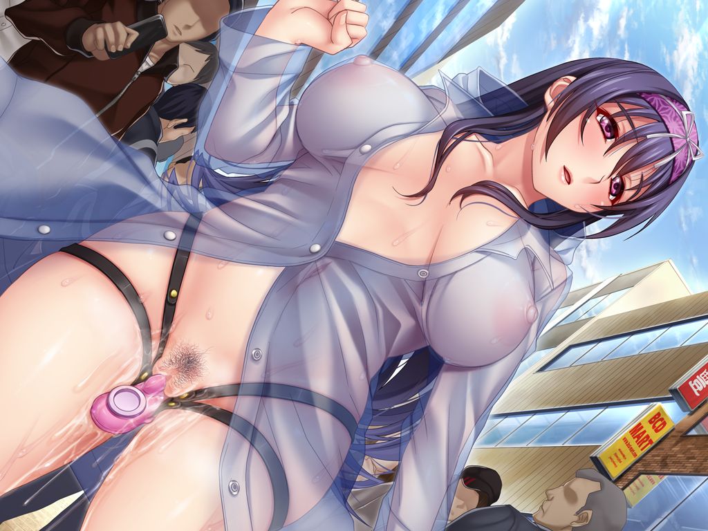 black hair, bondage, bottomless, breasts, censored, clothed masturbation, clothing, curvy, erect nipples, exhibitionism, female, femsub, game cg, isako rokurou, large breasts, lips, long hair, masturbation, nipples, parthenon, parthenon soft, plump, pubic hair, public, public masturbation, purple eyes, pussy, pussy juice, revealing clothes, roshutsu kanojo, sawashiro rina, see-through, see-through clothing, slave, sweat, vibrator