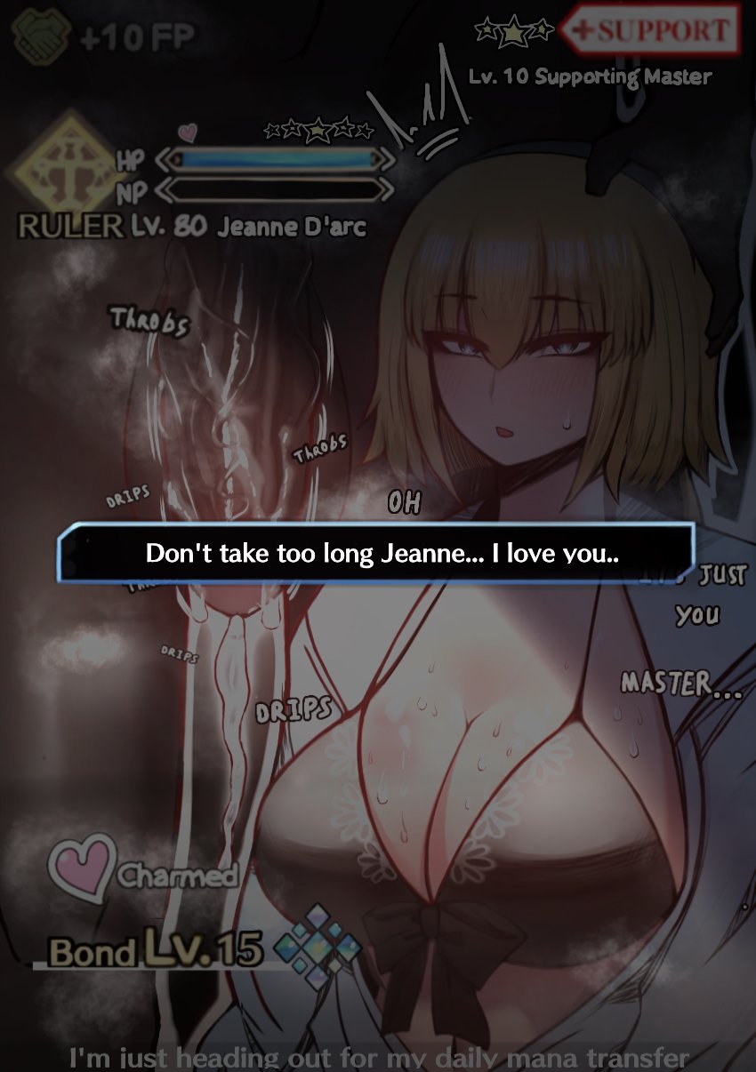 1boy 1girls 2025 big_breasts big_penis bikini blonde_hair blue_eyes cheating cum_leaking dark-skinned_male dark_skin dialogue dialogue_box fate/grand_order fate_(series) gameplay_mechanics hand_on_head interracial jeanne_d'arc_(fate) jeanne_d'arc_(swimsuit_archer) kinkylingky large_breasts large_penis leaking_cum light-skinned_female light_skin netorare ntr penis_out short_hair status_ailment status_bar status_effect text