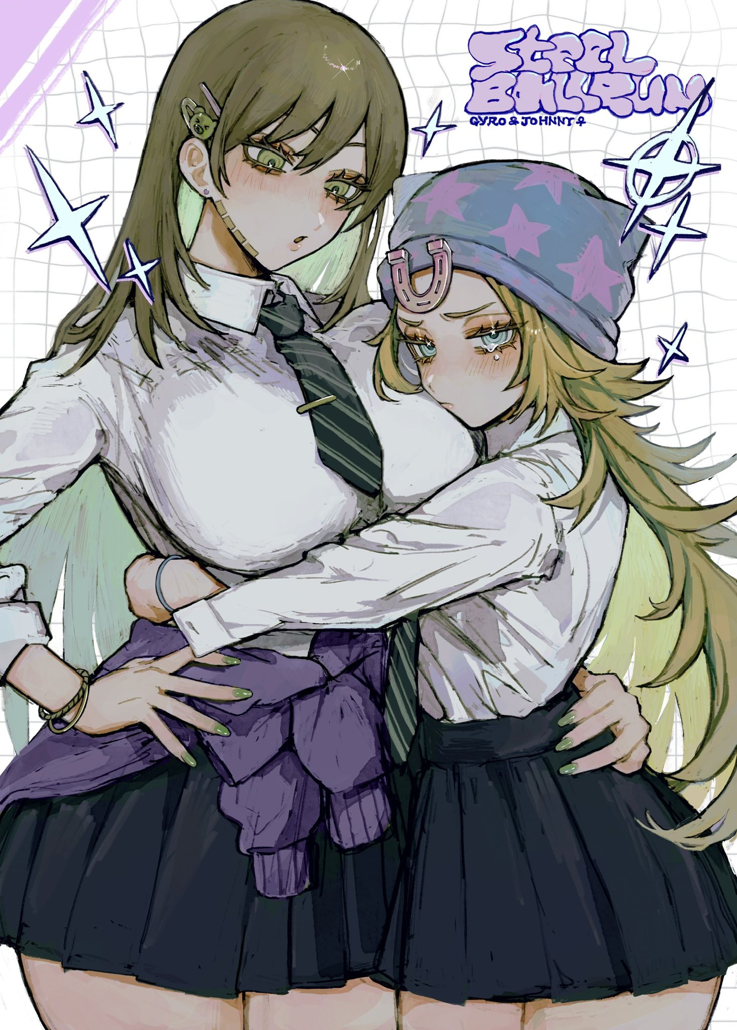 2girls, big breasts, bizzare, breasts, clothed, clothing, female, female only, genderswap, genderswap (mtf), gyro zeppeli, hugging, johnny joestar, jojo reference, jojo's bizarre adventure, neg 50asu, rule 63, school uniform, steel ball run, tagme, yuri