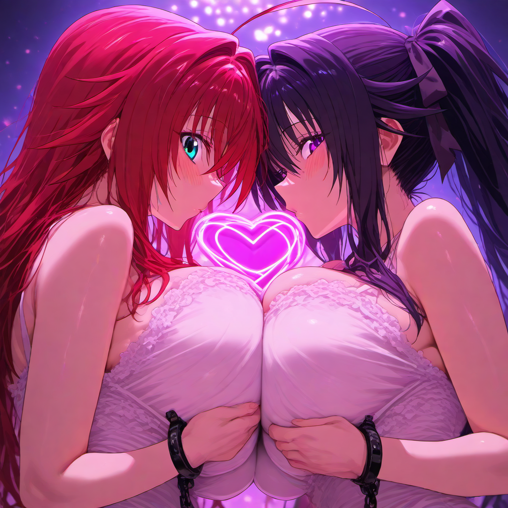 2girls ahoge ai_generated akeno_himejima big_breasts black_hair blush bondage breasts_touching_each_other couple crimson_hair female_only hair_ribbon handcuffs heart high_school_dxd lesbian light_skin ponytail rias_gremory sky_blue_eyes very_long_hair violet_eyes voluptuous yuri