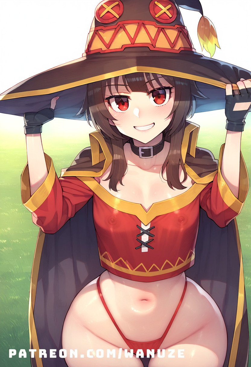 ai_generated blush brown_hair cape crop_top gloves konosuba megumin outdoors red_eyes see-through see-through_clothing small_breasts standing thong wanuze wide_hips witch_hat