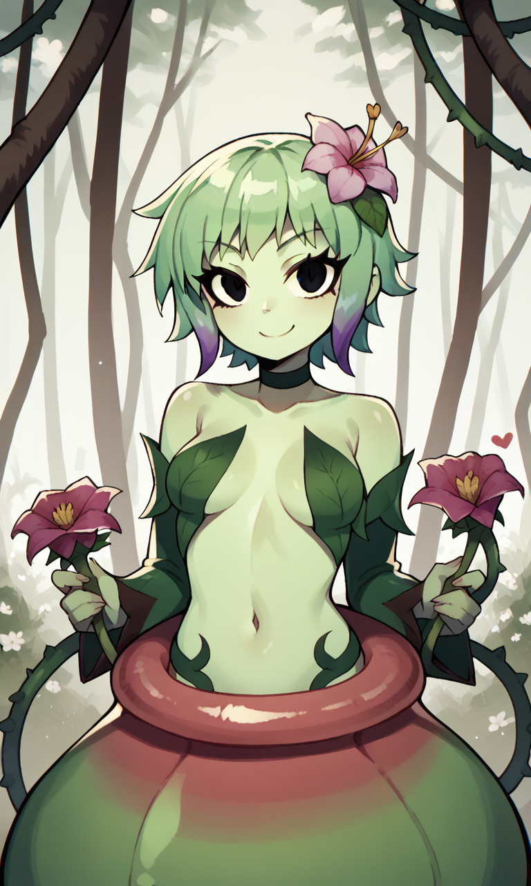 accurate_art_style ai_generated alraune bigmic145 breasts detached_sleeves female female_only flower flower_in_hair green_hair green_skin leaf leaf_clothing monster_girl navel netflix plant plant_girl plant_humanoid ramona_flowers scott_pilgrim scott_pilgrim_takes_off