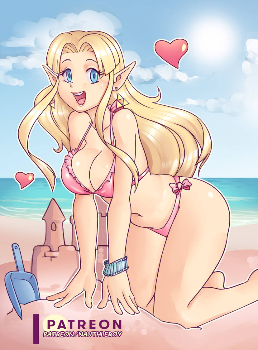 1girls a_link_between_worlds beach bikini blonde_hair blue_eyes breasts clouds earrings large_breasts long_hair looking_at_viewer midriff nauth nauth_le_roy navel nintendo ocean outside pink_bikini pink_swimsuit princess_zelda sand_castle shovel side-tie_bikini side-tie_swimsuit sky swimsuit the_legend_of_zelda triforce triforce_earrings water