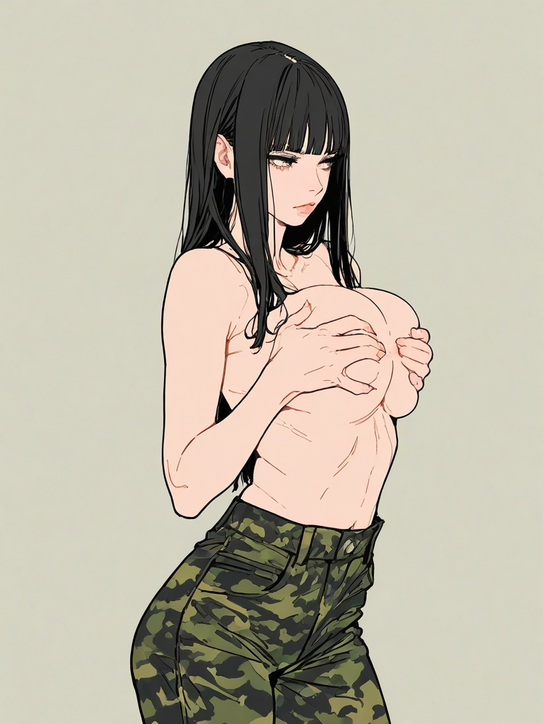 1girls ai_generated alise_(kosine1777) black_hair blunt_bangs camouflage camouflage_pants covering_breasts covering_nipples flat_colors kosine1777 kosineverse large_breasts long_hair original original_character squeezing_breasts topless