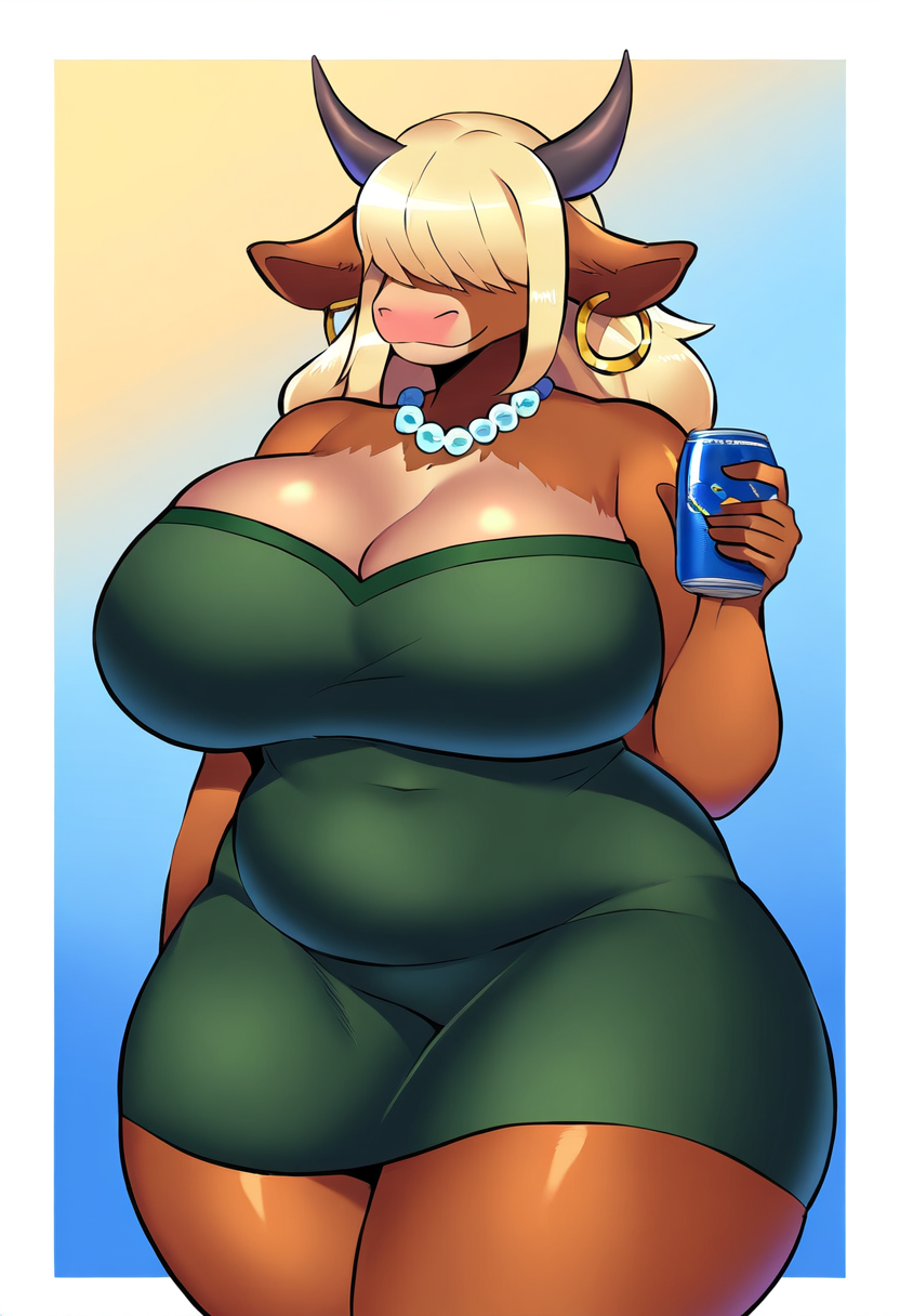 ai_generated anthro blonde_hair chubby cleavage cleavage_overflow drink earrings furry furry_female furry_focus giant_breasts green_dress hair_over_eyes highland_cow holding_object horns long_hair mature_female pearl_necklace smile thick_thighs wide_hips