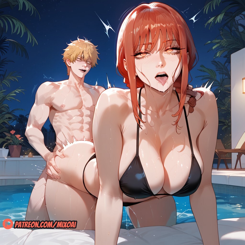 1boy1girl ai_generated ass_grab big_ass chainsaw_man clothed curvy doggy_style fat_ass front_view light-skinned_female light-skinned_male makima_(chainsaw_man) mixoai mommy naughty_face patreon red_hair rough_sex sex yellow_eyes