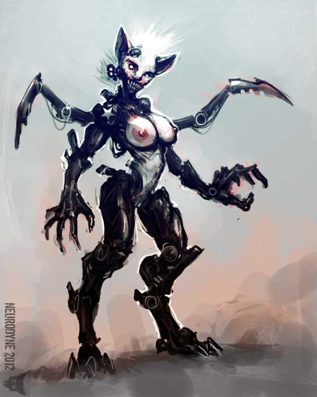 2012 blades breasts claws cyborg dark feline female flesh hybrid machine mechanical metal_limbs nipples nude plain_background robotic stare teeth weapon