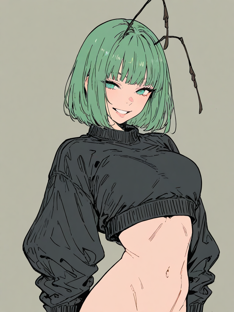 1girls ai_generated antennae baggy_clothing baggy_shirt black_shirt bottomless bug_girl choker flat_colors green_hair kafila_(kosine1777) kosine1777 kosineverse long_sleeves original original_character out-of-frame_censoring petite short_hair small_breasts