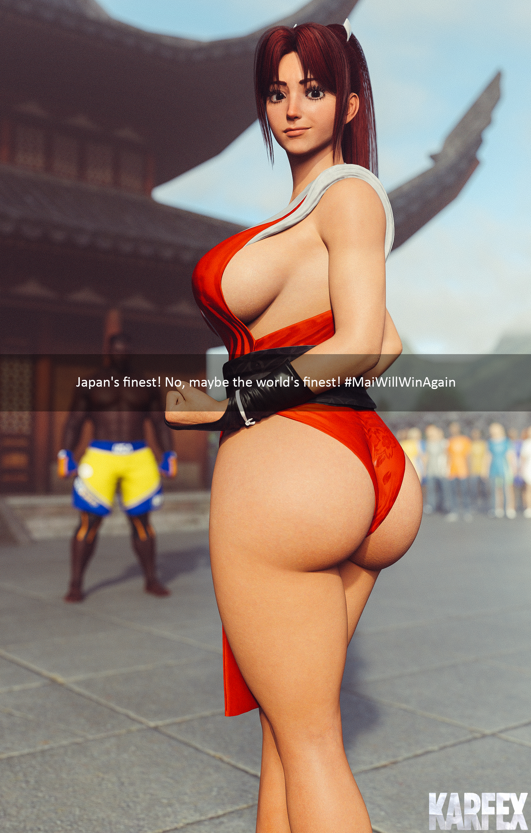 1boy, 1girls, 3d, 3d model, ass, big ass, brown hair, dark skin, dark-skinned male, fatal fury, female, imminent loss, interracial, karfex, king of fighters, light skin, light-skinned female, long hair, mai shiranui, male, muscular, muscular male, protagonist (sf6), snk, street fighter, street fighter 6, tagme