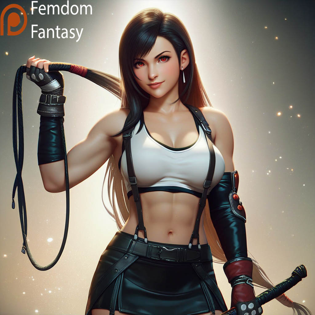 1girls ai_generated black bondage bondage breasts dominant domination dominatrix face female femdom femdomfantasyai final_fantasy gear outfit panties pov sexually smug solo submission suggestive thighs tifa_lockhart whip