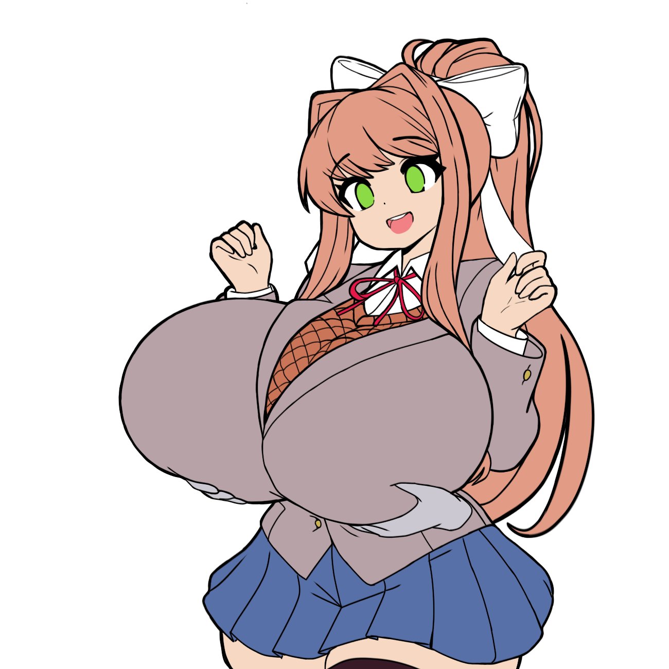 1female 1girls 5_fingers big_breasts blue_skirt breasts clothed clothed_female clothes clothing doki_doki_literature_club female_focus green_eyes heavy_breasts huge_breasts long_hair monika_(doki_doki_literature_club) skirt somnipheromone thighs