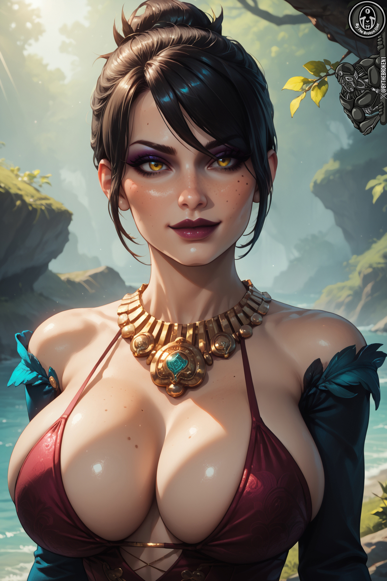 1girls, ai generated, big breasts, black hair, breasts, brunette, bythebrokenone, dragon age, female, female only, goth, goth girl, huge breasts, hyper breasts, large breasts, morrigan (dragon age), nai diffusion, solo, solo female, stable diffusion, thick thighs, white female