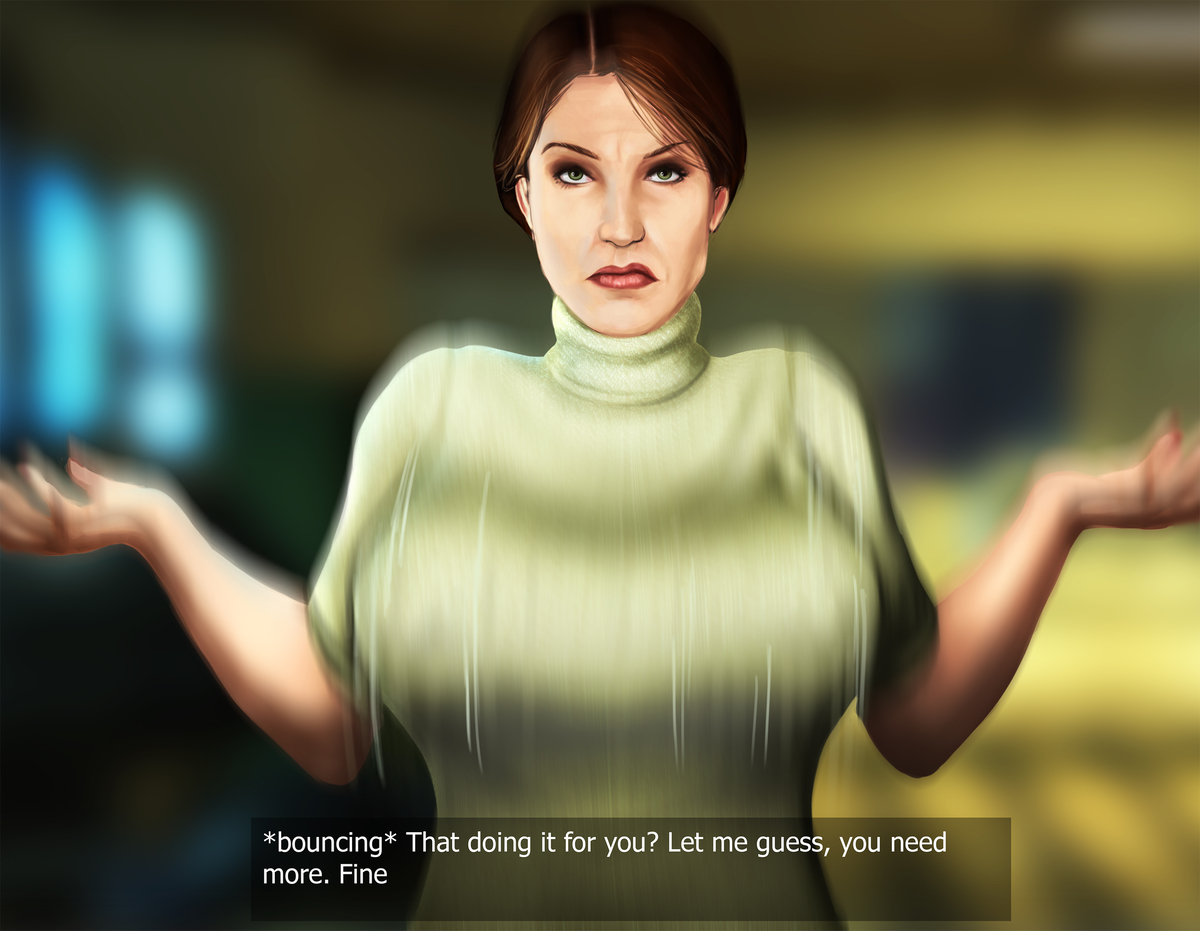1girls, 2d, bouncing breasts, breasts, dialogue, english text, female, female focus, female only, first person view, half-life (series), half-life 2, jaguarart, judith mossman, male, male pov, motion blur, pov, prostitution, solo, solo female, talking, talking to viewer, text, unseen male face