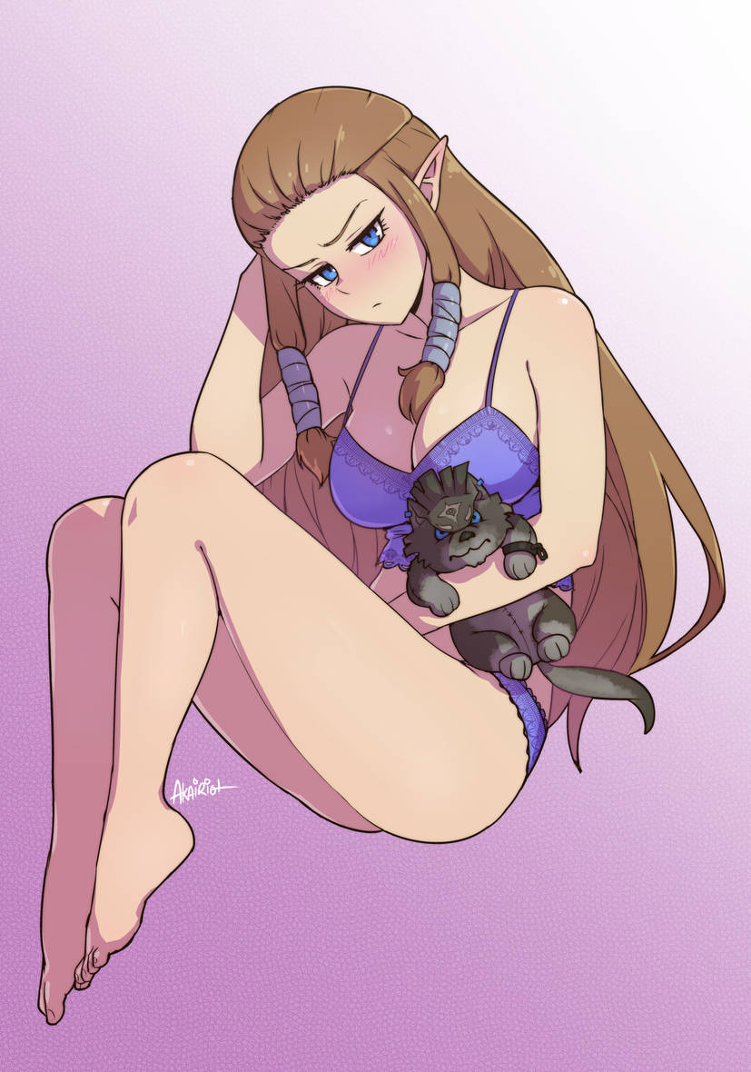 1girls akairiot blue_eyes bra breasts brown_hair character_doll doll holding_doll lingerie link long_hair medium_breasts nintendo panties princess_zelda purple_bra purple_lingerie purple_panties the_legend_of_zelda twilight_princess wolf_link