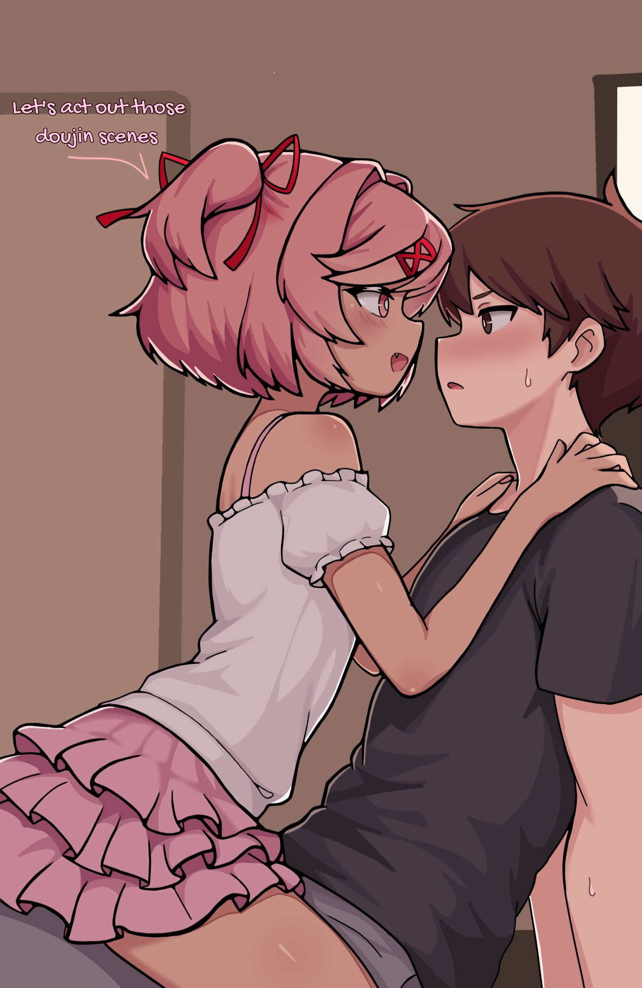 1boy 1girls bare_shoulders blush brown_hair doki_doki_literature_club english_text female_on_top frilly_skirt male_on_bottom mc_(doki_doki_literature_club!) natsuki_(doki_doki_literature_club) pink_eyes pink_hair pink_skirt shiny_skin skirt somnipheromone text