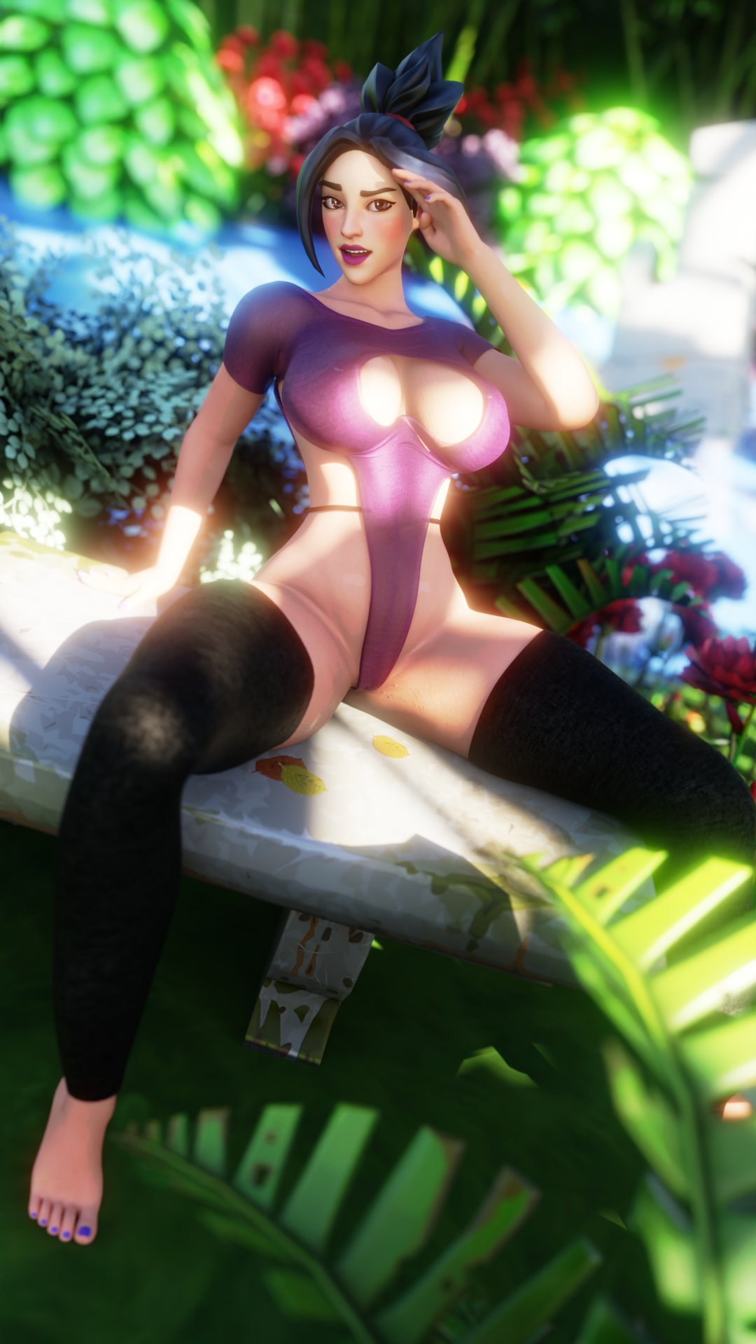 fortnite hime_(fortnite) nuffie park_bench public public_nudity rio_(fortnite) see-through see-through_clothing swimsuit swimwear