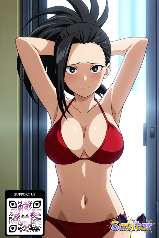 ai_generated armpits arms_behind_head arms_up artist_name bikini black_eyes black_hair blush breasts character_name cleavage closed_mouth clothing cowboy_shot female hair_pulled_back halterneck indoors large_breasts littlehentai long_hair looking_at_viewer my_hero_academia navel ponytail red_bikini red_swimsuit savitar savitar_(artist) solo standing stomach swimsuit tied_hair yaoyorozu_momo